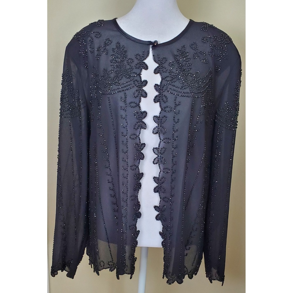 R&M Richards Vintage Black Beaded Open Front Sheer Jacket 18 Elegant Formal